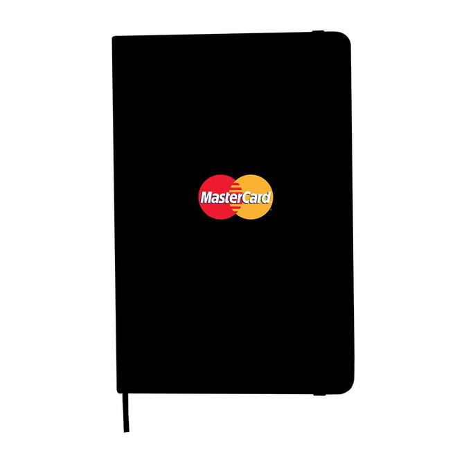 A black A5 notebook with a logo on the front, featuring a ribbon bookmark.