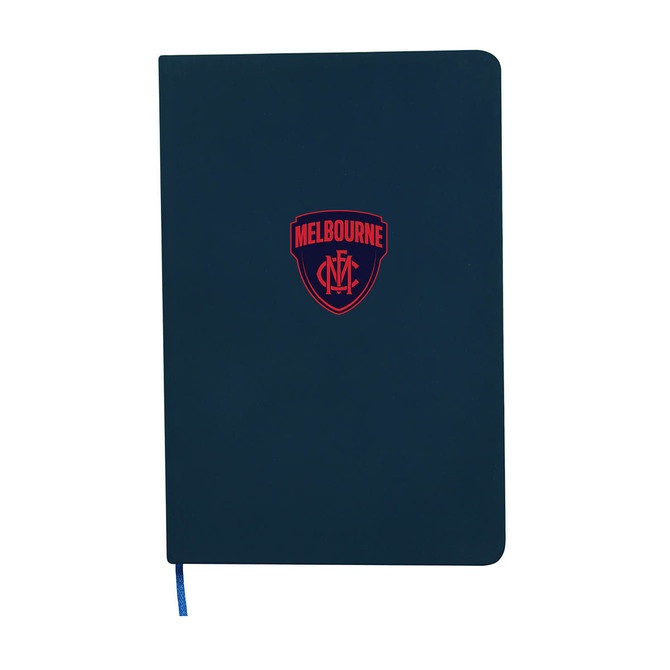 A navy A5 notebook featuring a logo on the cover and a blue ribbon bookmark.