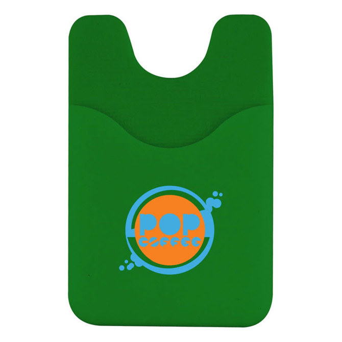 A green Smart Wallet with a pocket for cards and a logo on the front.