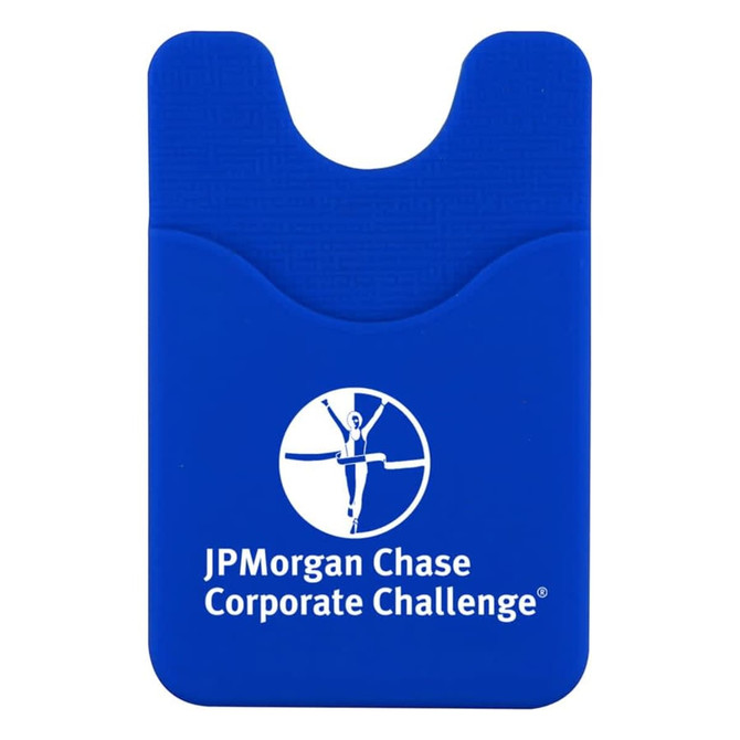 A blue phone wallet with a textured finish and a logo on the front.