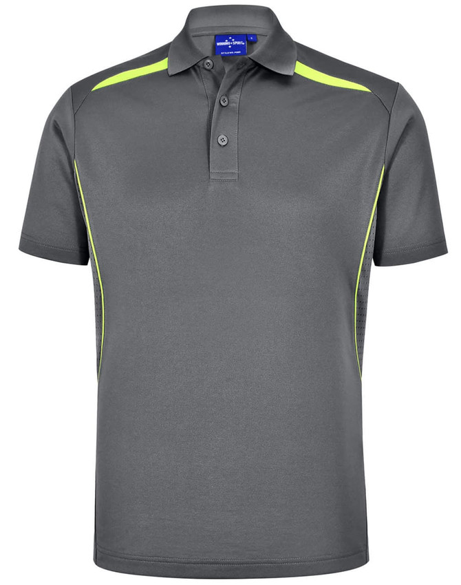 A grey polo shirt with yellow contrast detailing and a button-up collar. It features a logo on the chest.