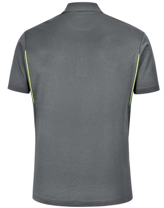 A grey men's polo shirt with contrast detailing, featuring a collar and short sleeves. It has a logo on the side.