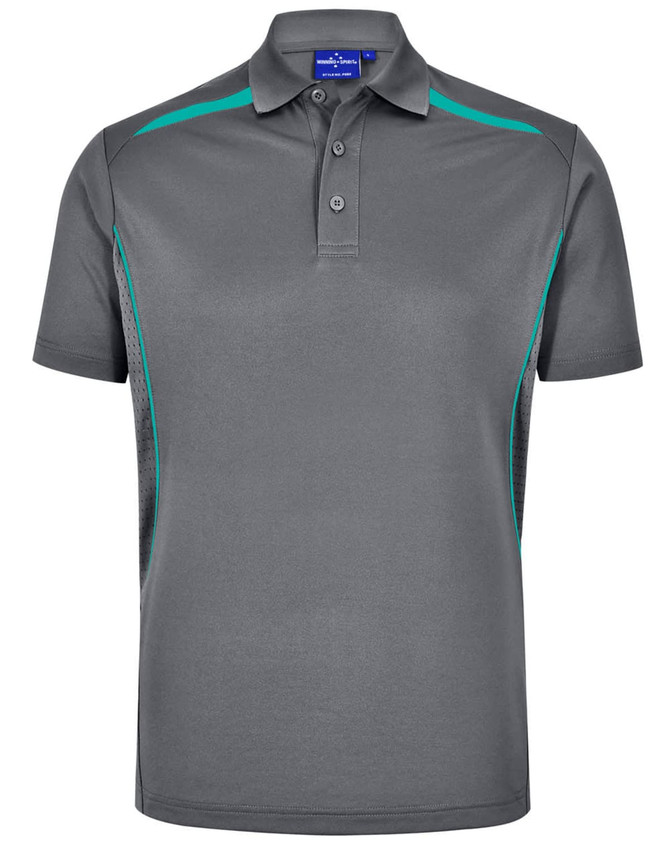 A grey men's sustainable polo shirt with teal contrast accents and a logo on the chest. Short sleeves and a classic collar.