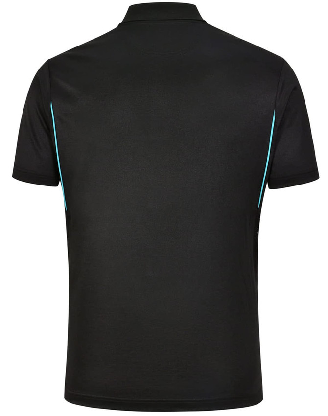 A black men's polo shirt featuring contrast turquoise trim and a logo on the back.