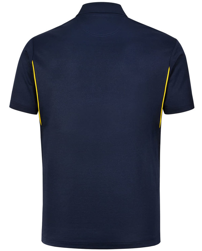 Navy blue men's polo shirt featuring contrast yellow detailing and a logo on the chest.