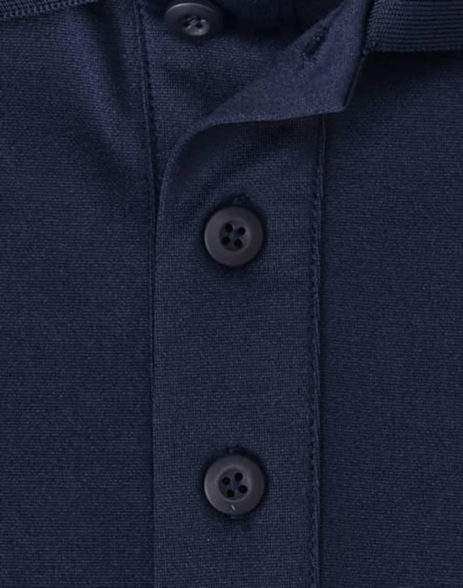 A navy blue polo shirt featuring a button placket and a logo. The fabric is a sustainable poly/cotton blend.