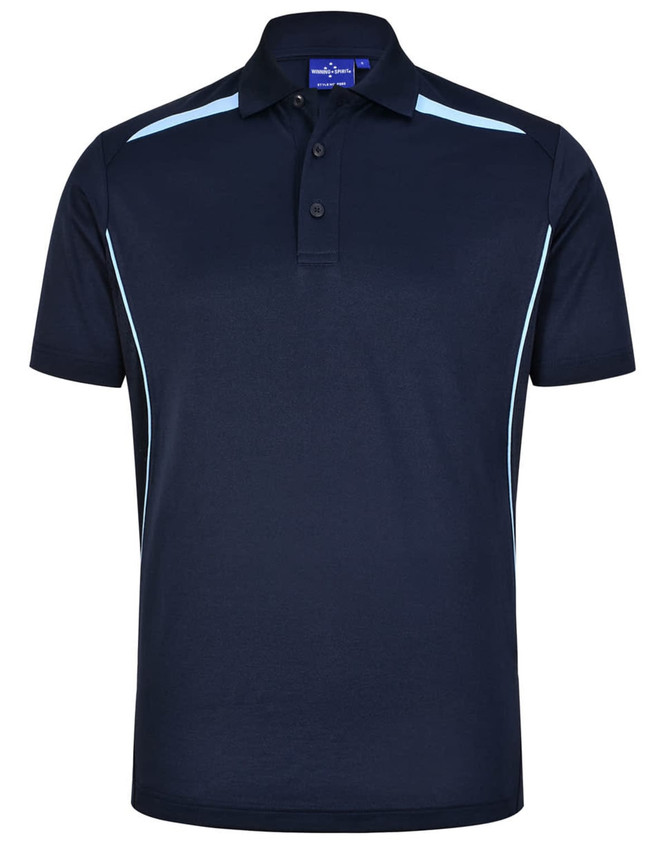 A navy blue polo shirt with contrasting light blue trims and a collar, featuring a logo.