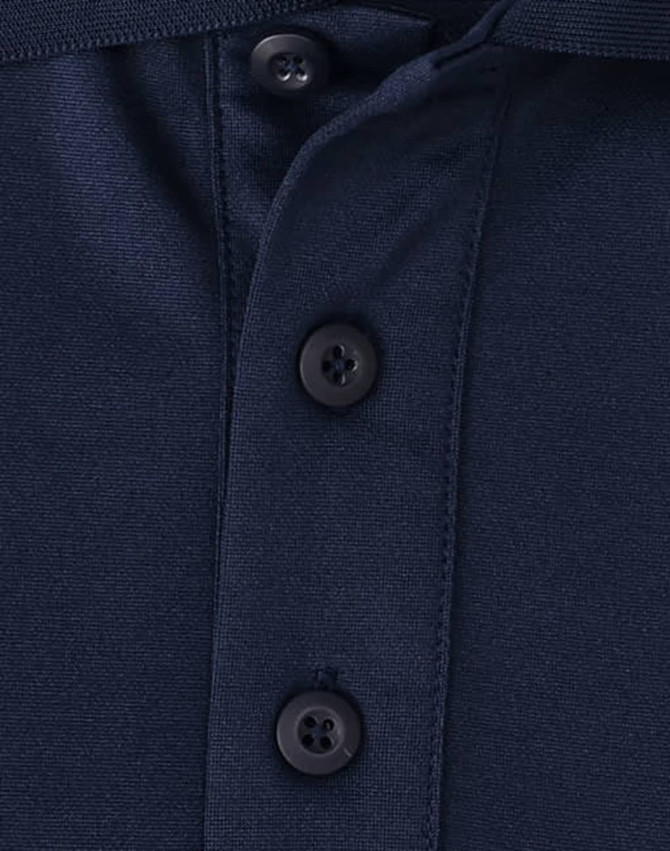 A close-up of a navy blue polo shirt featuring a button placket and a small logo.