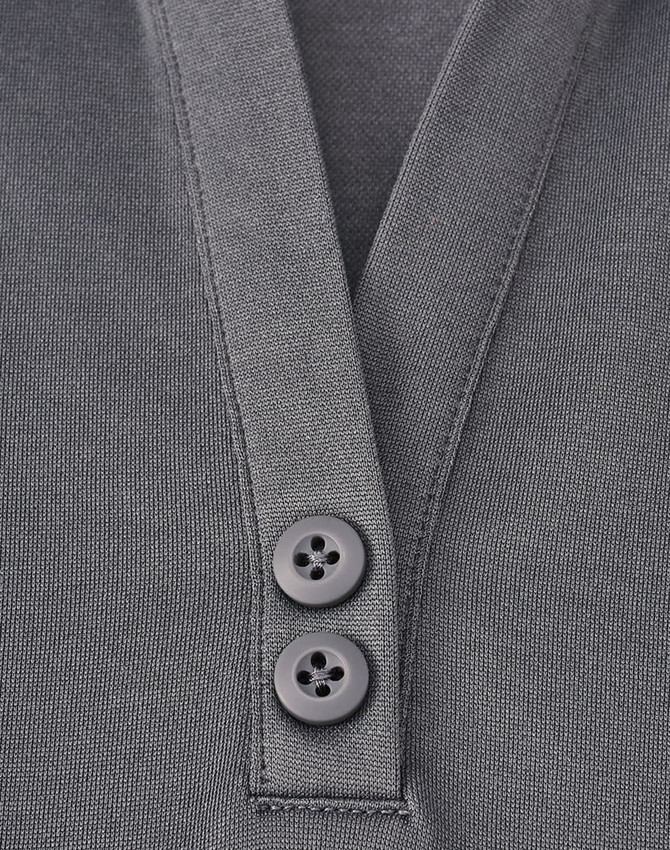 A grey sustainable poly/cotton polo shirt featuring a placket and two buttons. The shirt includes a logo.