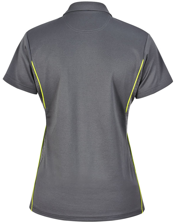 A grey ladies' polo shirt with short sleeves and contrasting yellow accents, featuring a logo.