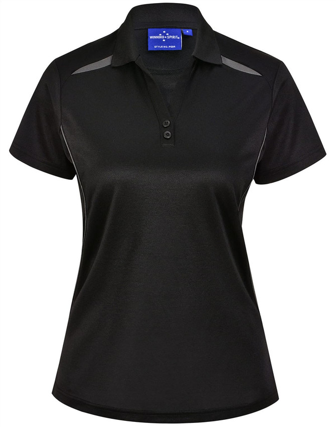 A black ladies' polo shirt featuring a sustainable poly/cotton blend with contrast detailing and a logo.