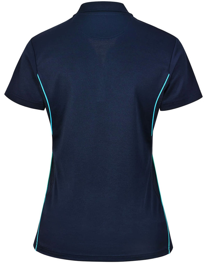 A navy blue women's polo shirt featuring contrasting turquoise side panels and a collar, with a logo on the chest.