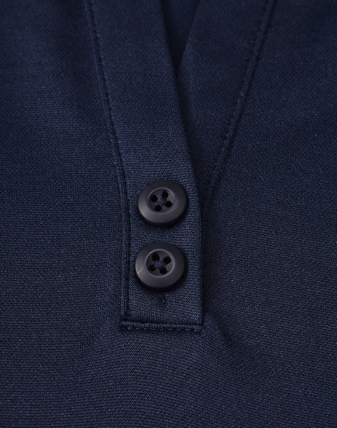A navy blue lightweight polo shirt featuring a button-up collar and two black buttons. Includes a logo.