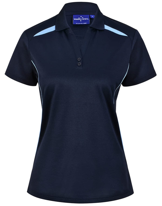 A navy blue polo shirt featuring light blue contrast detailing and a logo. Made from sustainable poly/cotton fabric.