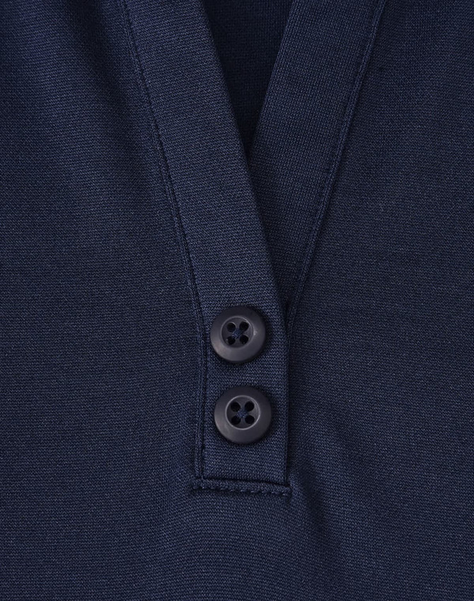 A navy polo shirt featuring a collared neckline and two buttons. It has a logo on it.