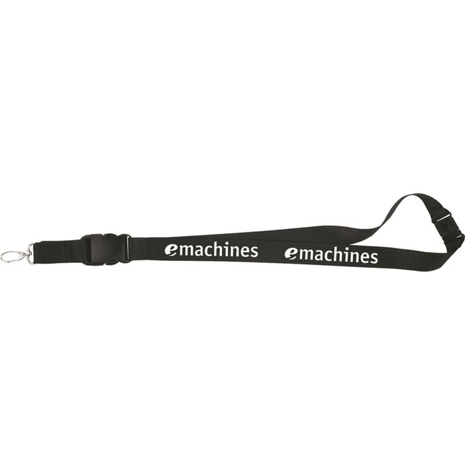 A black 25mm lanyard featuring a branding logo, with a detachable clip for attaching items.