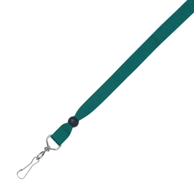 A green ribbon lanyard, 15mm wide, featuring a metal clip attachment for securing items.