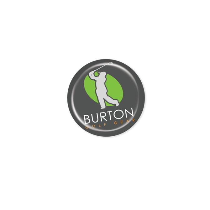 A circular resin-coated label featuring a logo in green and white on a dark background, with branding details.