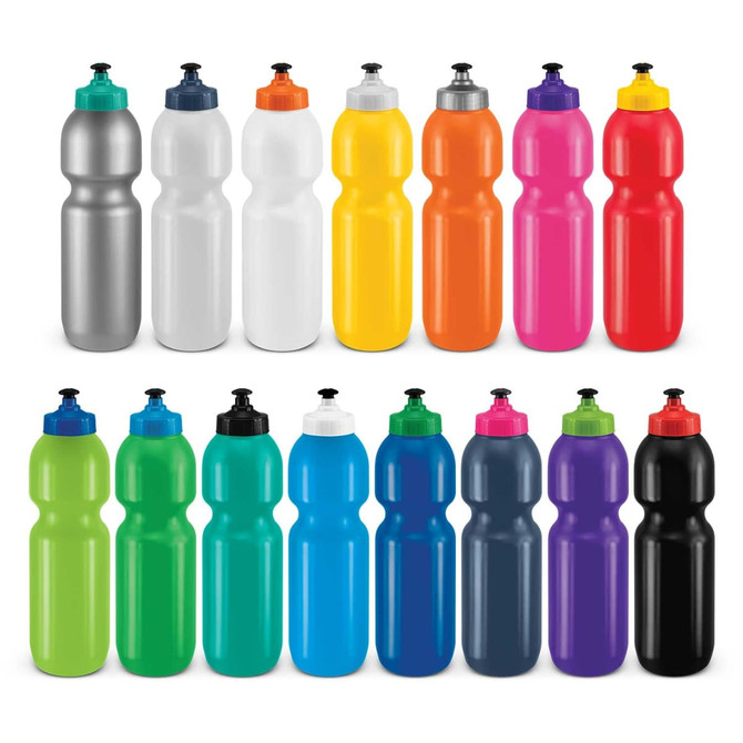 A drink bottle display featuring various colours: silver, white, yellow, pink, black, green, blue, and purple. Each has a logo.