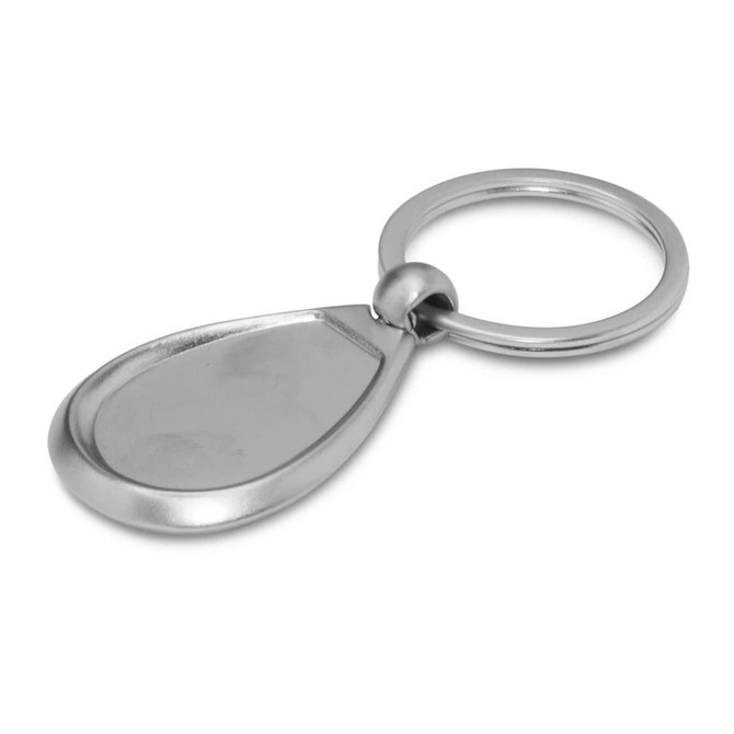 A sleek metal key ring with a teardrop shape and a smooth finish, designed for holding keys securely.