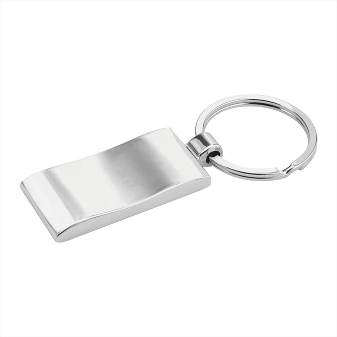 A silver metal key ring with a sleek, modern design and a circular attachment loop.