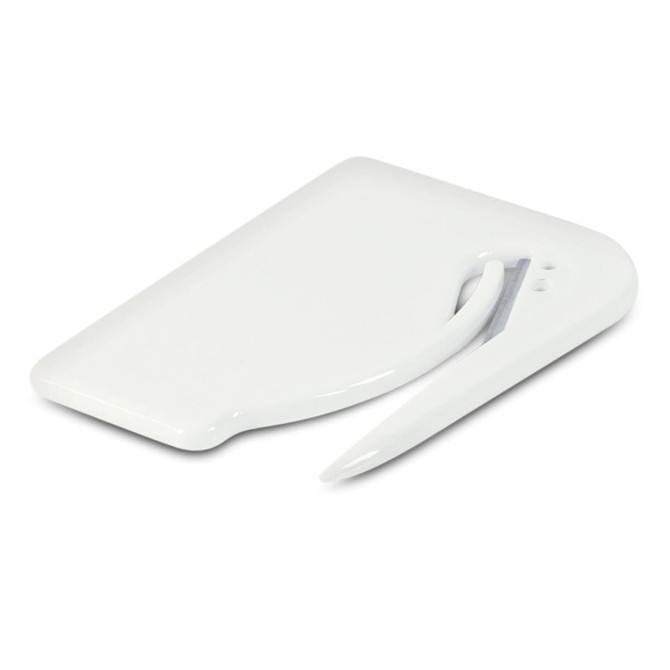 A white letter opener and satchel cutter with a sleek design and a curved blade for cutting envelopes.