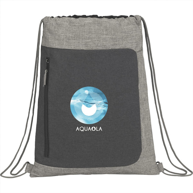 A grey and black drawstring bag featuring a zipper pocket and a logo on the front.