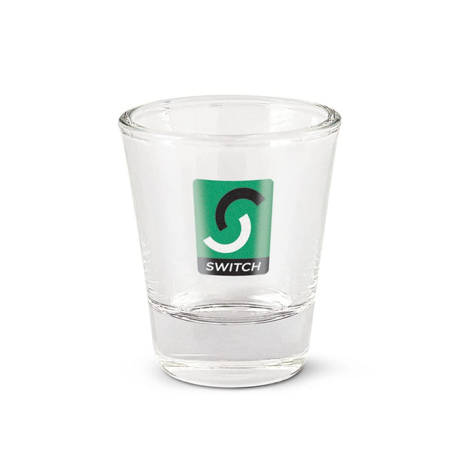 A Boston shot glass featuring a colorful logo design.