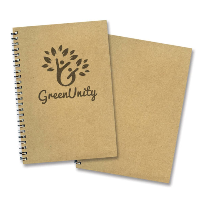 A medium kraft notepad with a spiral binding and a printed logo on the front cover.