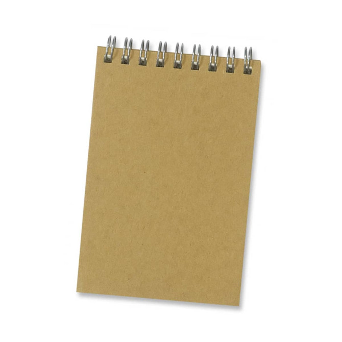 A small, brown Kraft notepad with a spiral binding at the top and blank pages.