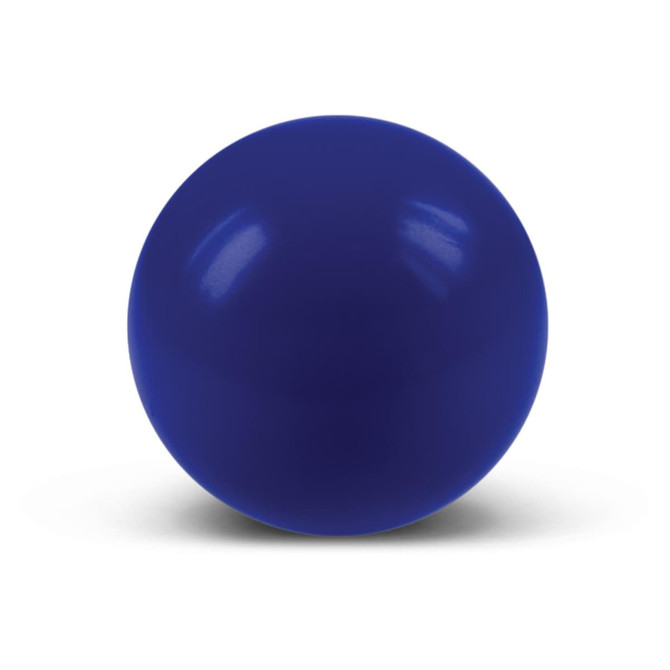 A round blue stress ball made of a smooth, durable material.