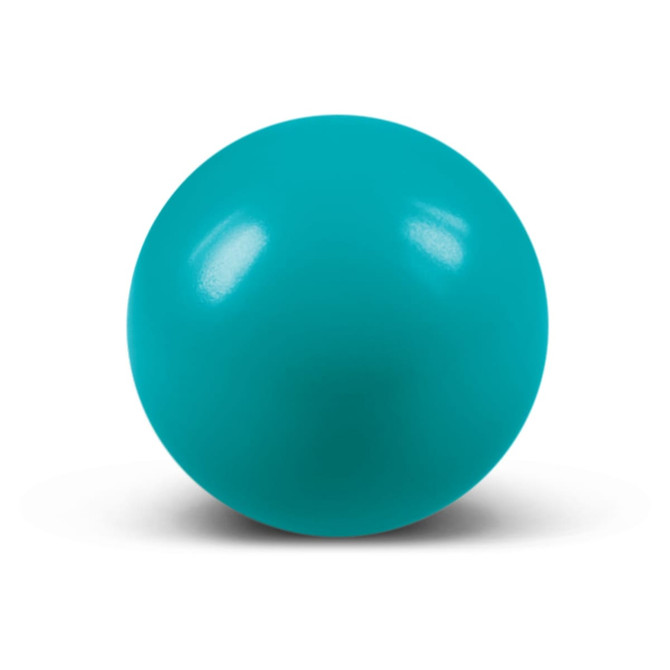 A vibrant teal stress ball with a smooth surface, featuring a glossy finish.