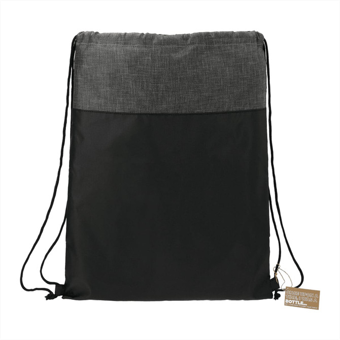 A grey and black drawstring bag with shoulder straps and a small tag. It features a textured top section.