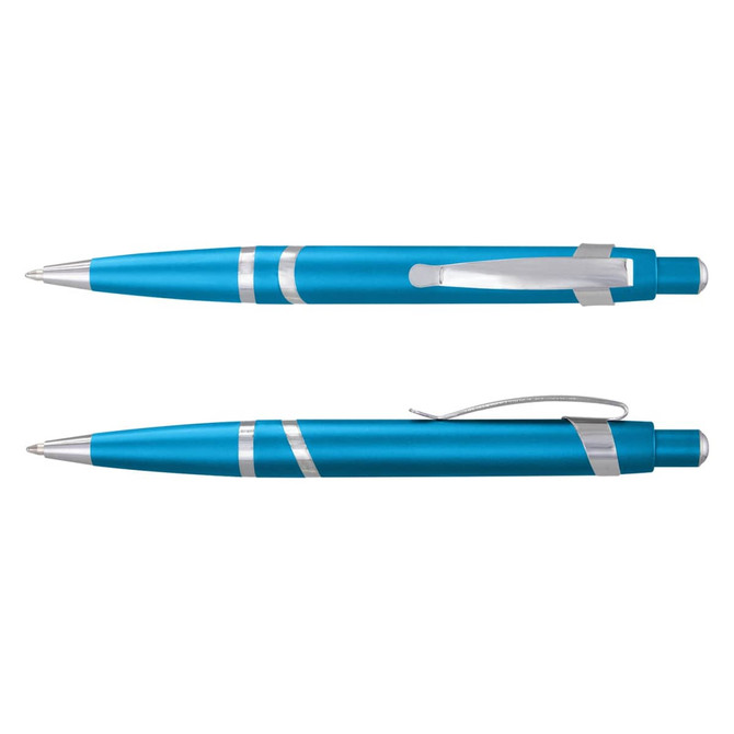 A blue plastic pen with silver accents, featuring a sleek design and a clip for easy attachment.