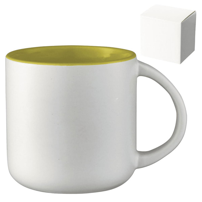 A ceramic mug with a white body and a yellow rim, accompanied by a gift box.