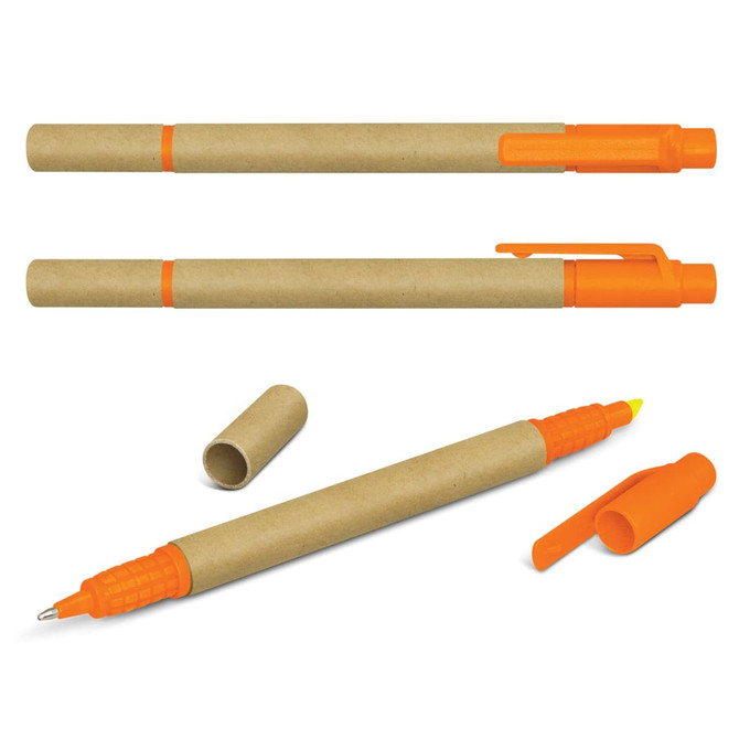 A set of Kraft pen highlighters featuring a natural brown casing and bright orange accents. There are two highlighters and one pen.