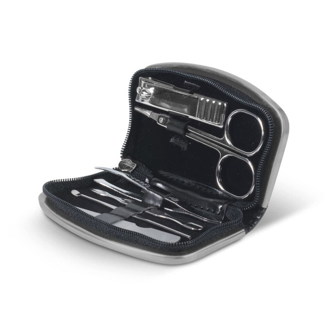 A grey manicure set in a zipped case containing nail clippers, scissors, and various tools.