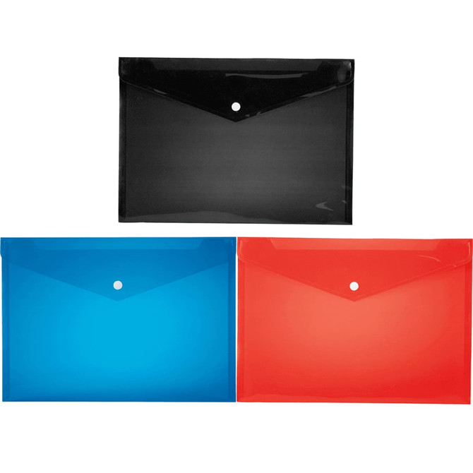 A set of three plastic folders in black, blue, and red, each with a button closure, featuring a logo.