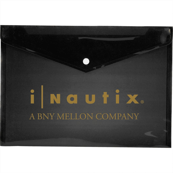 A black portfolio with a glossy finish and a button closure, featuring a logo in gold.