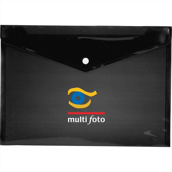 A black portfolio with a glossy finish and a logo on the front. It features a flap closure.