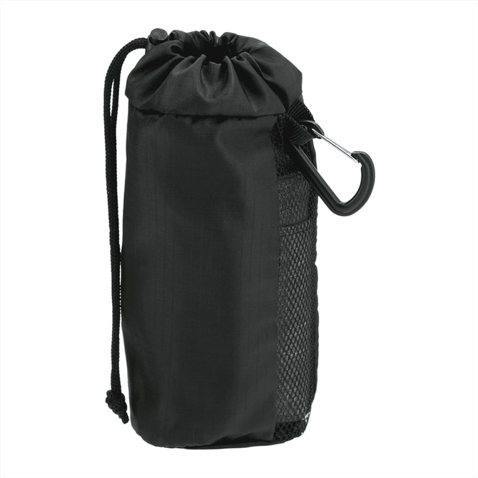 A black reusable tote bag with a drawstring closure and mesh side pocket, featuring a carabiner clip.