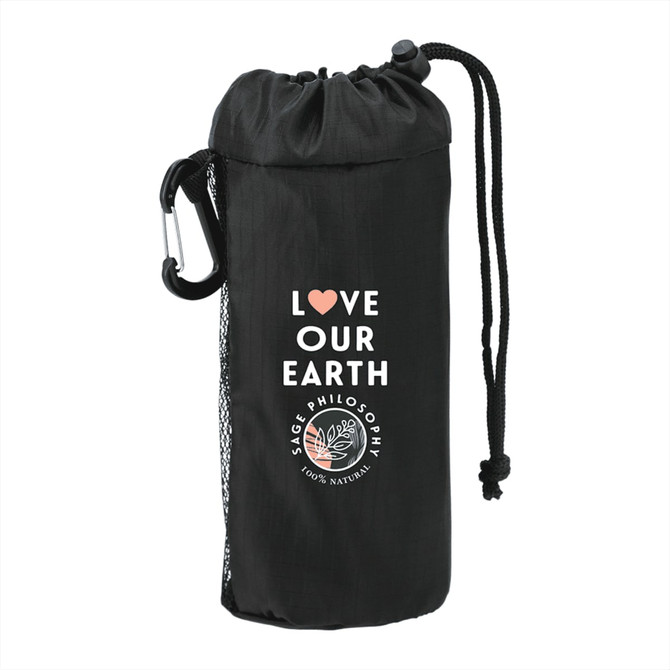A black reusable tote bag with a drawstring closure and a carabiner, featuring a logo and text.