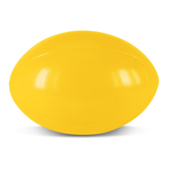 A yellow stress rugby ball designed for fun and stress relief in the category of stress balls.