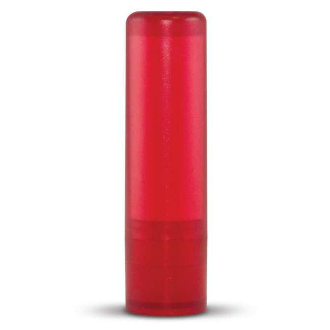 A red lip balm container with a cylindrical shape, featuring a smooth, glossy finish.