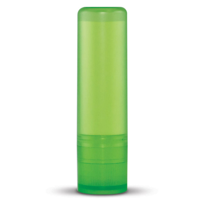 A green lip balm container with a twist-up applicator.