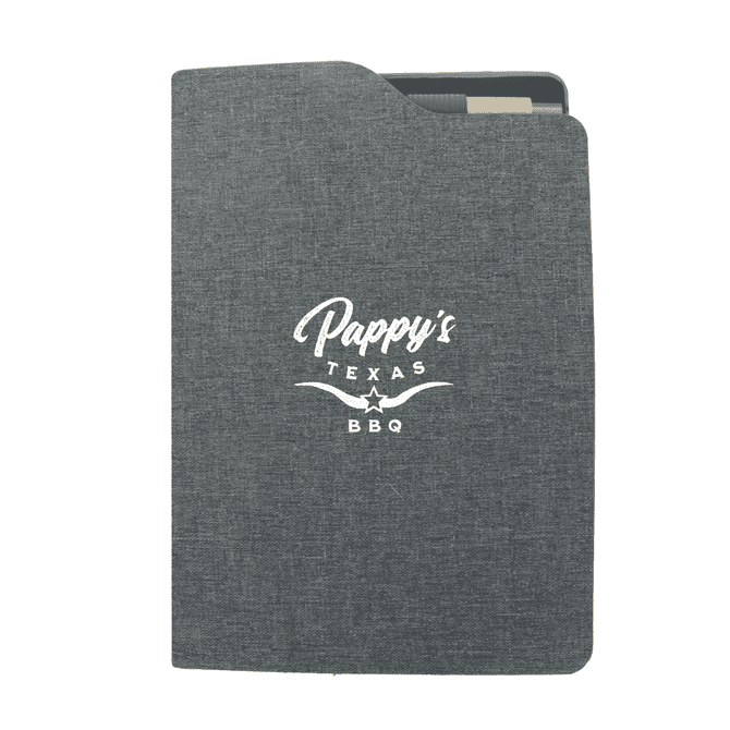 A grey notebook with a textured cover featuring a logo and a slot for cards or papers.