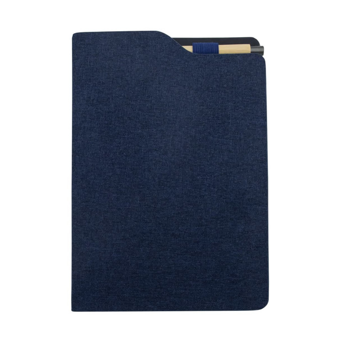A dark blue A5 notebook with a textured cover, featuring a pen included and a pocket on the side.