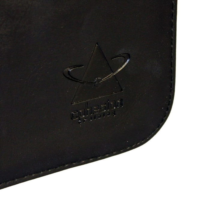 A black compendium with a subtle logo embossed on the front, featuring smooth, sleek leather material.