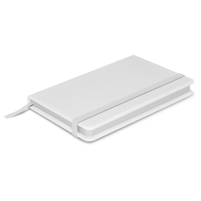 A white notebook with a smooth cover, featuring an elastic band and ribbon bookmark, branded with a logo.