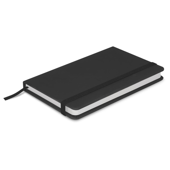 A black notebook with a sleek cover, featuring a white spine and a black elastic band for closure.